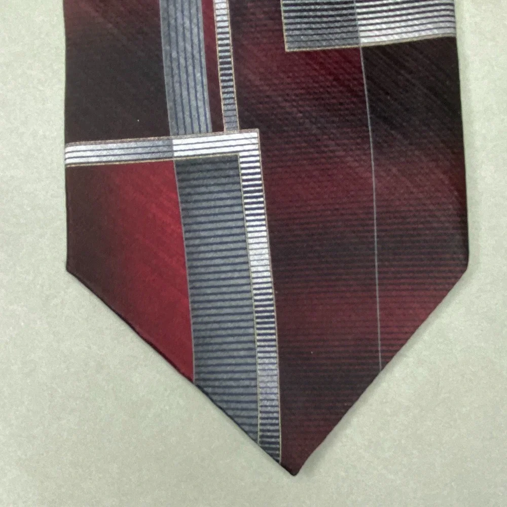 David Taylor Geometric Silk Tie Mens Burgundy Grey Artsy Classic Art‎ Deco 58x4